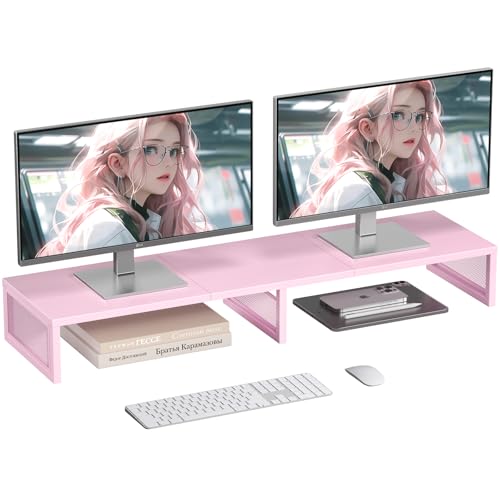 Gugsey Dual Computer Monitor Stand Riser, Desk Organizers and Accessories, Printer & TV Stand, Desk Shelf, Office Desk Accessories & Desktop Workspace Organizer for Office Supplies, Pink - Image 1