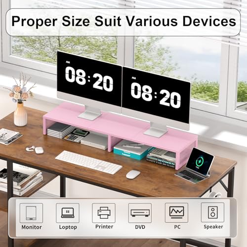 Gugsey Dual Computer Monitor Stand Riser, Desk Organizers and Accessories, Printer & TV Stand, Desk Shelf, Office Desk Accessories & Desktop Workspace Organizer for Office Supplies, Pink - Image 3