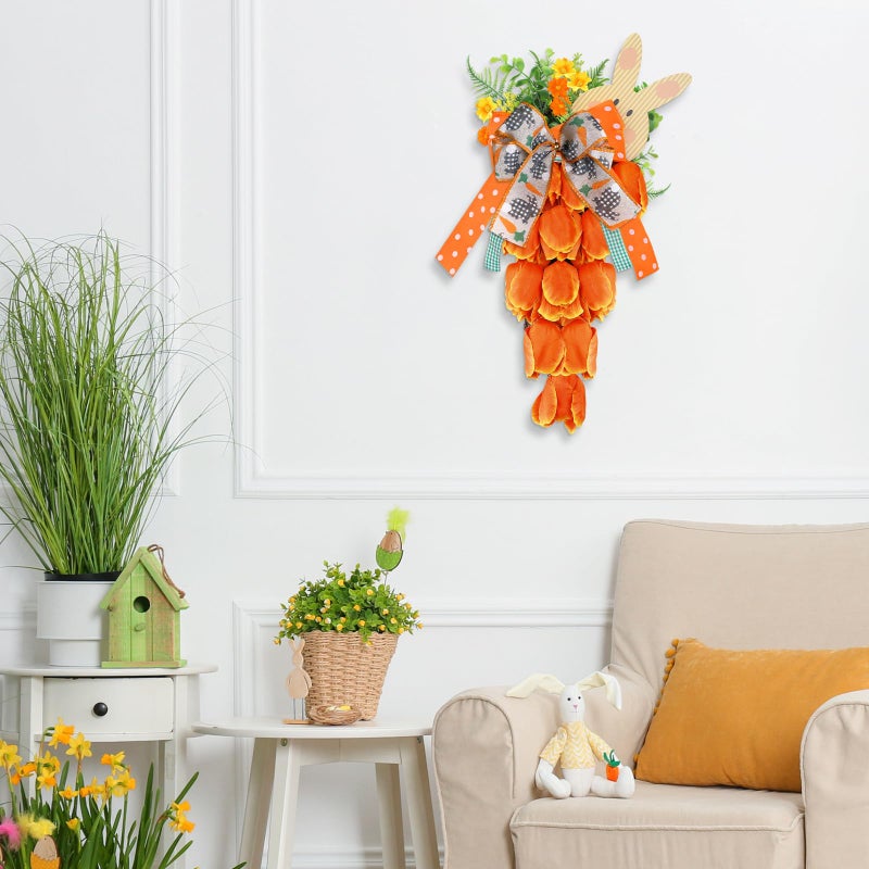 MyCoats Easter Carrot Wreath for Front Door 19 Inch, Artificial Tulip Spring Flower Swag with Bunny Sign, Faux Floral Garland Hanging Ornament for Window Wall Farmhouse Porch Home Office Easter Decor - Image 5