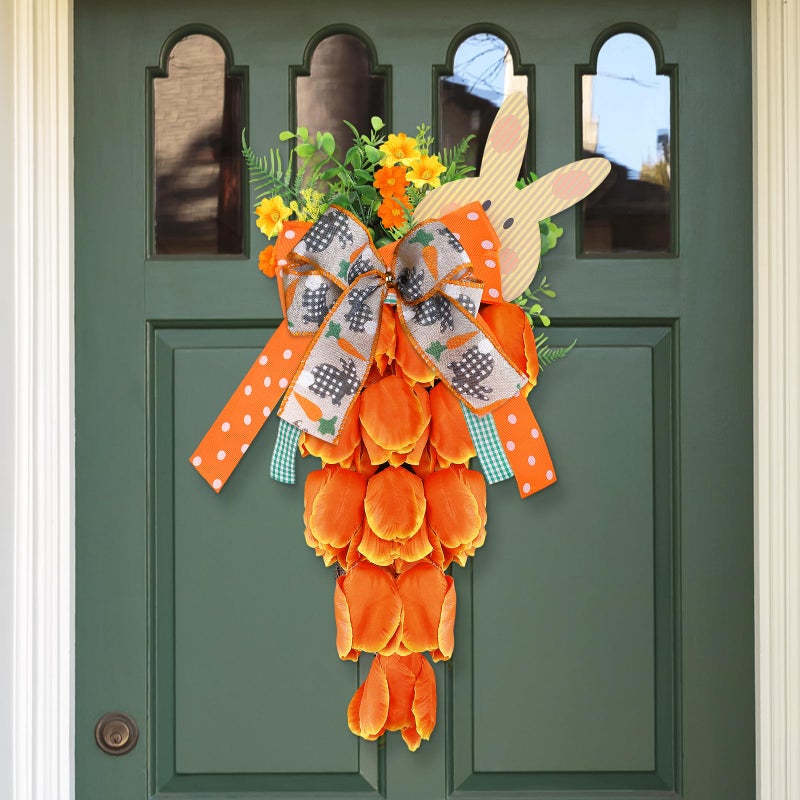 MyCoats Easter Carrot Wreath for Front Door 19 Inch, Artificial Tulip Spring Flower Swag with Bunny Sign, Faux Floral Garland Hanging Ornament for Window Wall Farmhouse Porch Home Office Easter Decor - Image 3