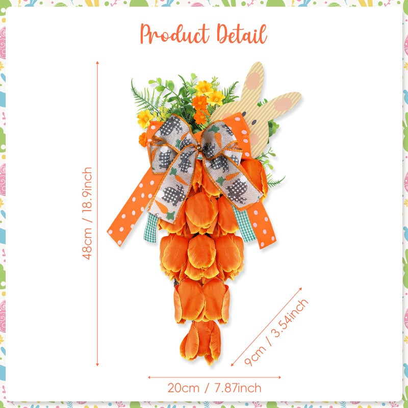 MyCoats Easter Carrot Wreath for Front Door 19 Inch, Artificial Tulip Spring Flower Swag with Bunny Sign, Faux Floral Garland Hanging Ornament for Window Wall Farmhouse Porch Home Office Easter Decor - Image 2