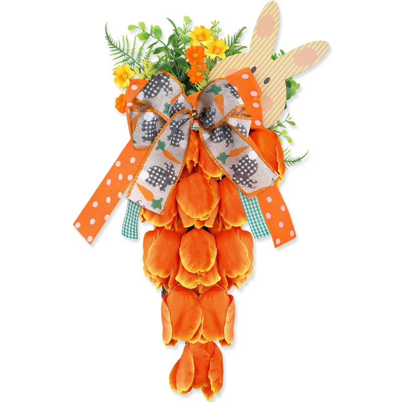 MyCoats Easter Carrot Wreath for Front Door 19 Inch, Artificial Tulip Spring Flower Swag with Bunny Sign, Faux Floral Garland Hanging Ornament for Window Wall Farmhouse Porch Home Office Easter Decor - Image 1