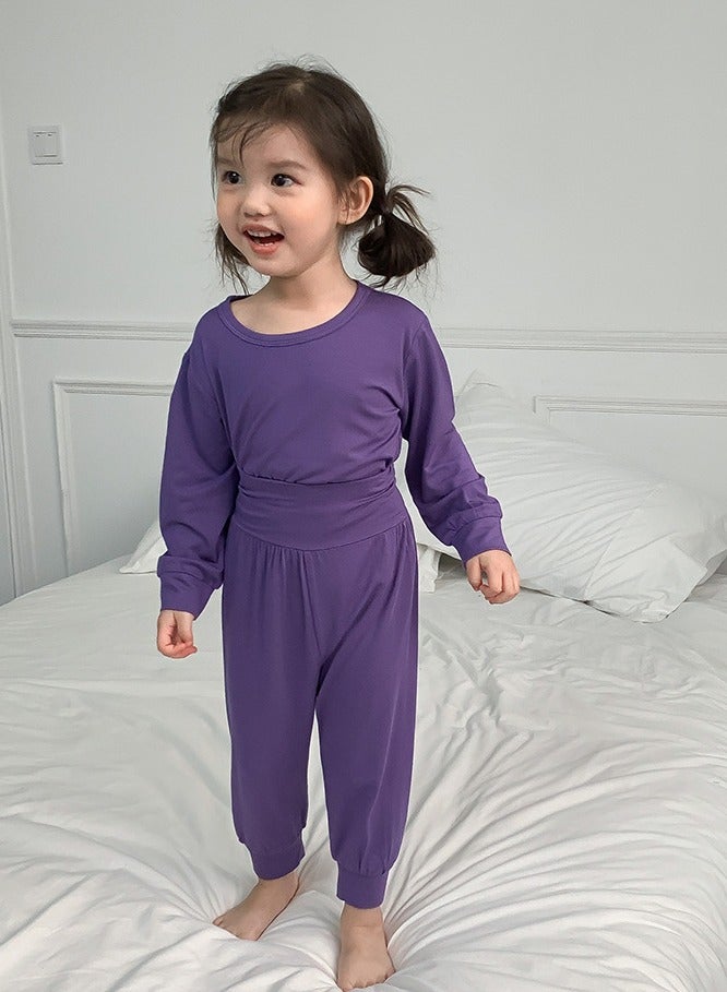 Loquat Kids Solid Color Pajama Set Cotton Soft Base Layer Top & High Waist Bottom Children's Underwear Set Purple  - Image 1