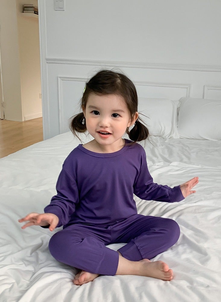 Loquat Kids Solid Color Pajama Set Cotton Soft Base Layer Top & High Waist Bottom Children's Underwear Set Purple  - Image 2