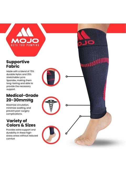 Mojo Supportive Calf Compression Sleeves - Combat DVT, Reduce Swelling & Enhance Leg Health - Black/Red - Extra Large