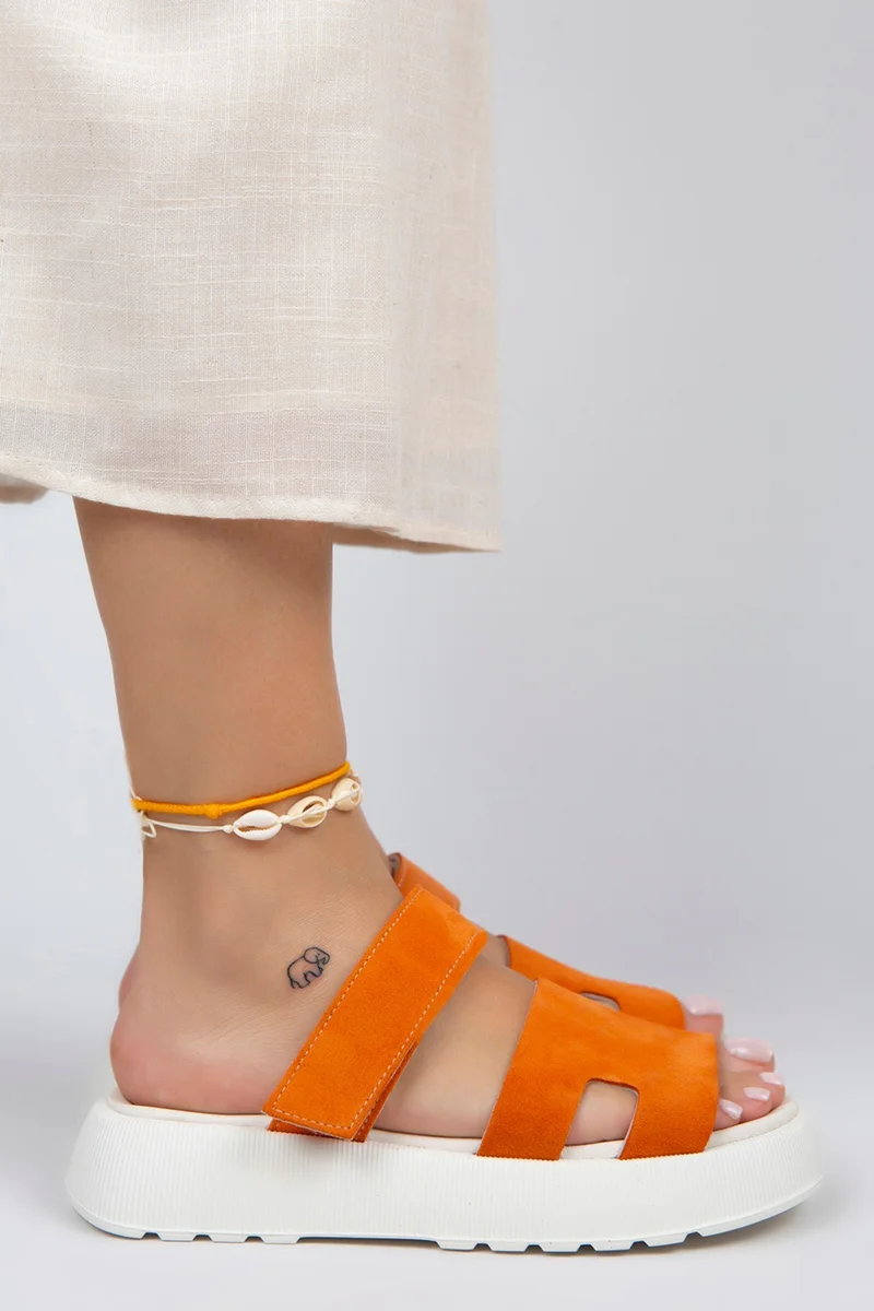 Manijero Manijero Seina Women's Genuine Leather Velcro Slippers Orange Slippers