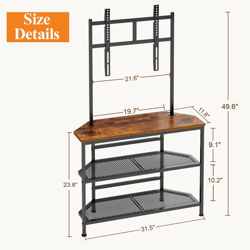 Cottage Charm 23" to 60" Floor Corner TV Stand For Bedroom With Mount, Universal Corner TV Desk Table With Storage Shelves For Bedroom Small Space,Rustic Television Stands Desk,Heavy Duty Structure,Adjustable Feet - Image 5