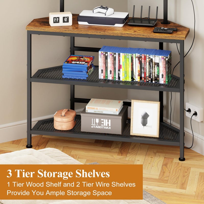 Cottage Charm 23" to 60" Floor Corner TV Stand For Bedroom With Mount, Universal Corner TV Desk Table With Storage Shelves For Bedroom Small Space,Rustic Television Stands Desk,Heavy Duty Structure,Adjustable Feet - Image 3