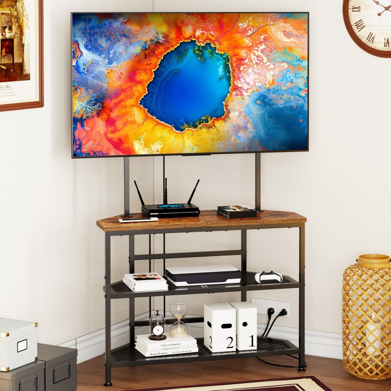 Cottage Charm 23" to 60" Floor Corner TV Stand For Bedroom With Mount, Universal Corner TV Desk Table With Storage Shelves For Bedroom Small Space,Rustic Television Stands Desk,Heavy Duty Structure,Adjustable Feet - Image 1