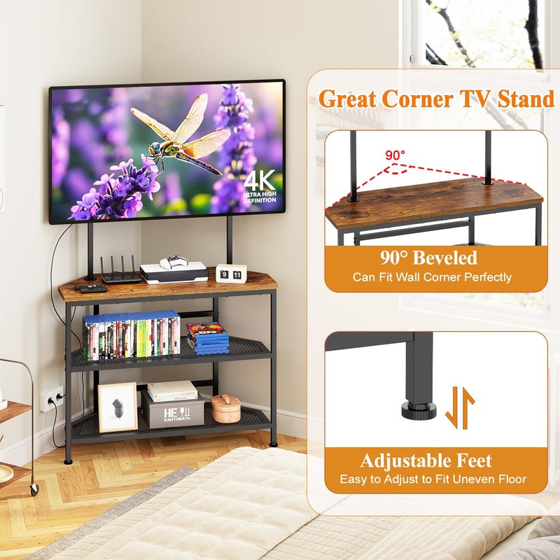 Cottage Charm 23" to 60" Floor Corner TV Stand For Bedroom With Mount, Universal Corner TV Desk Table With Storage Shelves For Bedroom Small Space,Rustic Television Stands Desk,Heavy Duty Structure,Adjustable Feet - Image 2