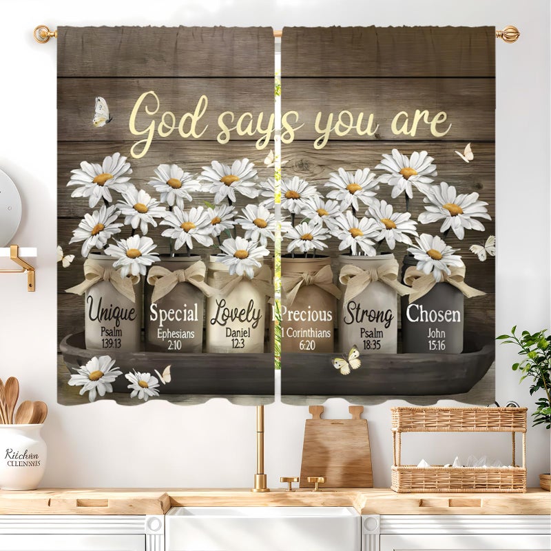 Famiffty Brown Daisy Vintage Country Kitchen Curtains 27.5W X 39L Inch 2 Panels Rod Pocket Rustic Farmhouse Floral Inspirational Small Short Cafe Tier Curtains Cottage Style Window Drapes Treatment - Image 2