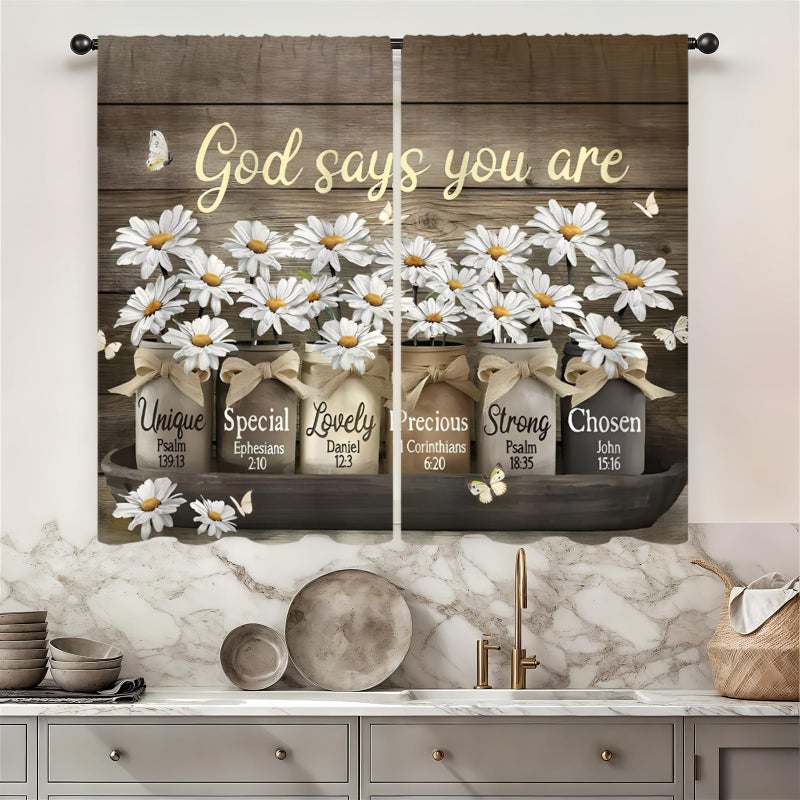 Famiffty Brown Daisy Vintage Country Kitchen Curtains 27.5W X 39L Inch 2 Panels Rod Pocket Rustic Farmhouse Floral Inspirational Small Short Cafe Tier Curtains Cottage Style Window Drapes Treatment - Image 1
