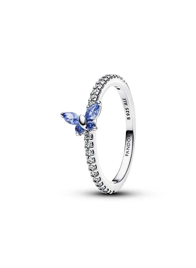 Butterfly sterling silver ring with cornflower blue crystal and clear cubic zirconia