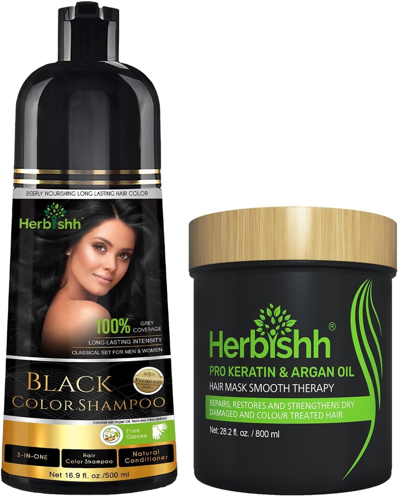 Herbishh Hair Color Shampoo Argan Hair Mask Combo Black 500ml 800gm 3in1 AmmoniaFree Dye Deep Conditioner for Dry Weak Hair No Sulphates or Parabens