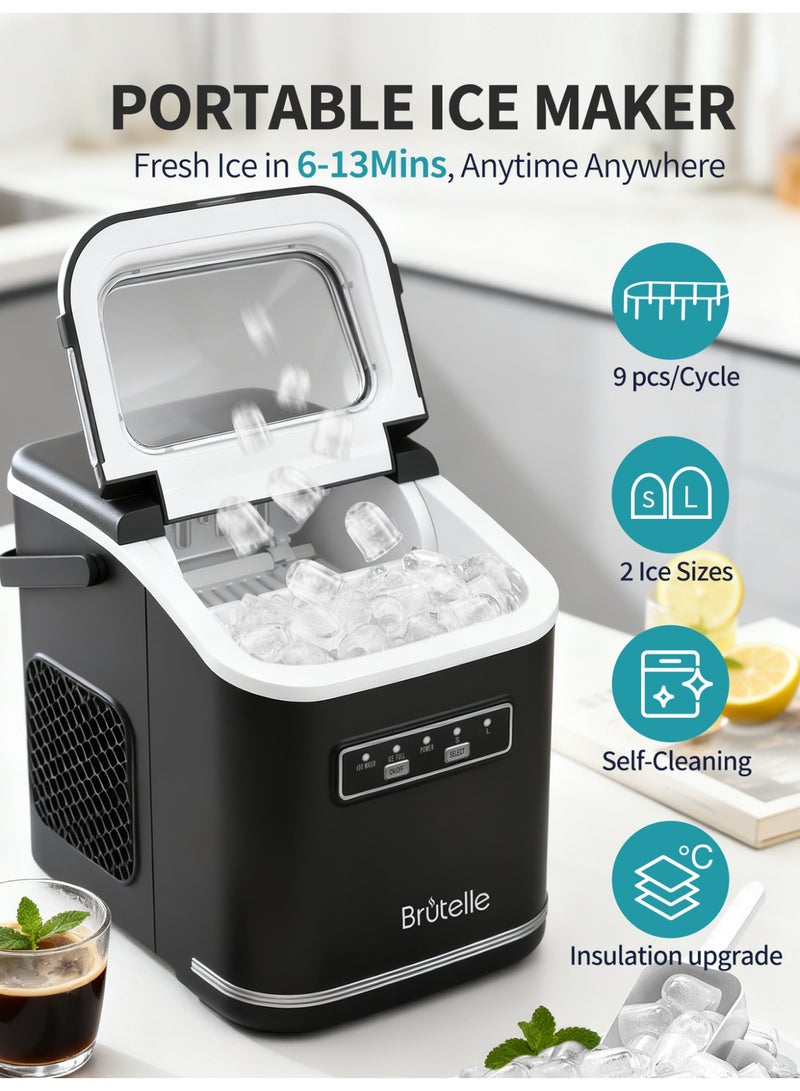 Brutelle Ice Maker Countertop Portable Ice Machine with Carry Handle 6 Mins Fast Ice Making Self-Clean 2 Size Ice Cubes 9 Pcs Cycle 12KG in 24Hrs 1.3L Tank for Home Party RV Camping Black - Image 2