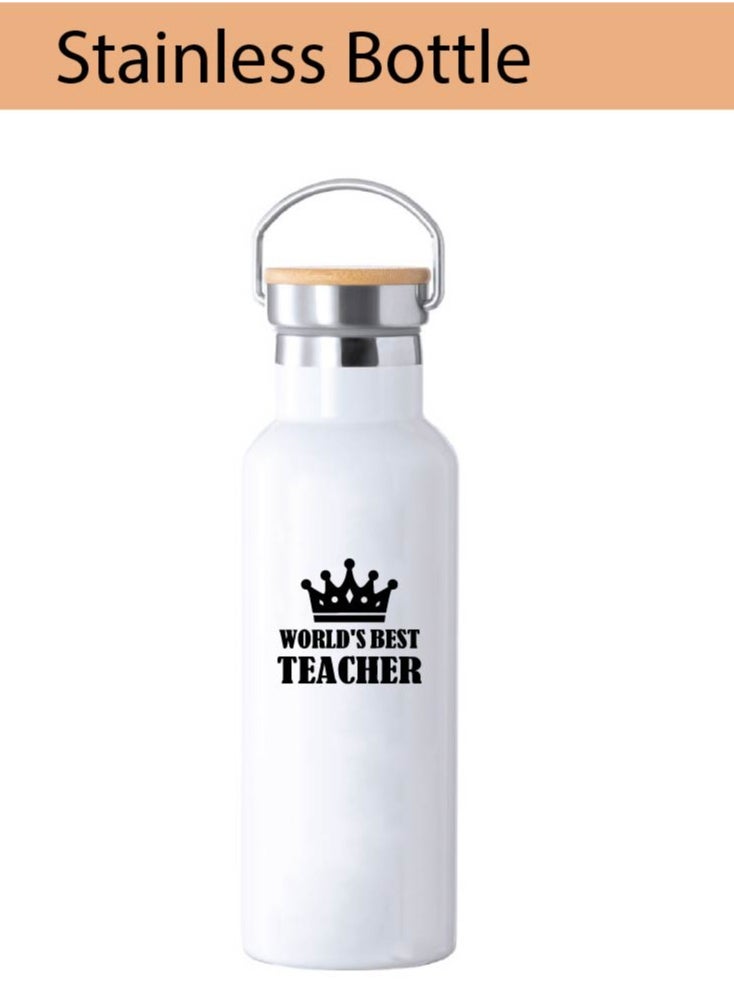 PRINTSHOP4ME - Teacher's Day Pack of 3 Combo Pack - Stainless Steel Bamboo Cap Flask Bottle 600ml, Cotton Bag and Mousepad - Teacher's Day Gift Set - Gift for World Teachers Day - Image 1