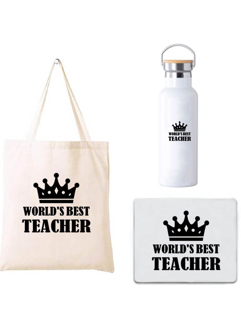 PRINTSHOP4ME - Teacher's Day Pack of 3 Combo Pack - Stainless Steel Bamboo Cap Flask Bottle 600ml, Cotton Bag and Mousepad - Teacher's Day Gift Set - Gift for World Teachers Day - Image 1