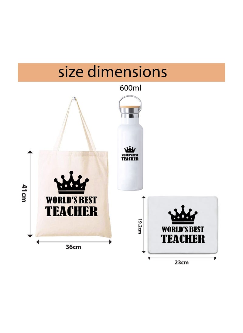 PRINTSHOP4ME - Teacher's Day Pack of 3 Combo Pack - Stainless Steel Bamboo Cap Flask Bottle 600ml, Cotton Bag and Mousepad - Teacher's Day Gift Set - Gift for World Teachers Day - Image 1