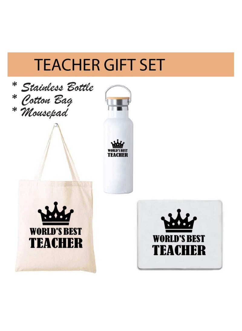 PRINTSHOP4ME - Teacher's Day Pack of 3 Combo Pack - Stainless Steel Bamboo Cap Flask Bottle 600ml, Cotton Bag and Mousepad - Teacher's Day Gift Set - Gift for World Teachers Day - Image 1