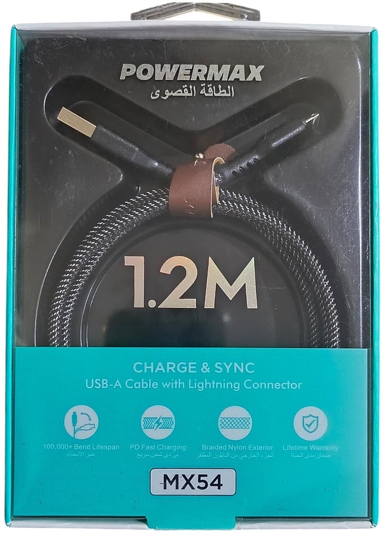 PowerMax USB-A to Lightning Cable - 1.2M, Braided Nylon, Fast Charging 
