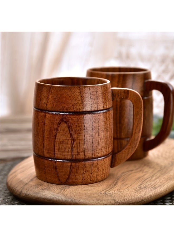 SILADEFU Wooden coffee cups, heat-resistant tea cups, solid wood barrel-shaped tea cups, milk tea cups, coffee cups, natural wood cups with handles and wide bellies, heat-resistant. - Image 1