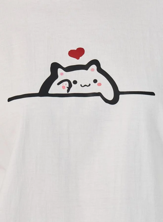 Styli Oversized Short Sleeve Cat Graphic Round Neck T-shirt