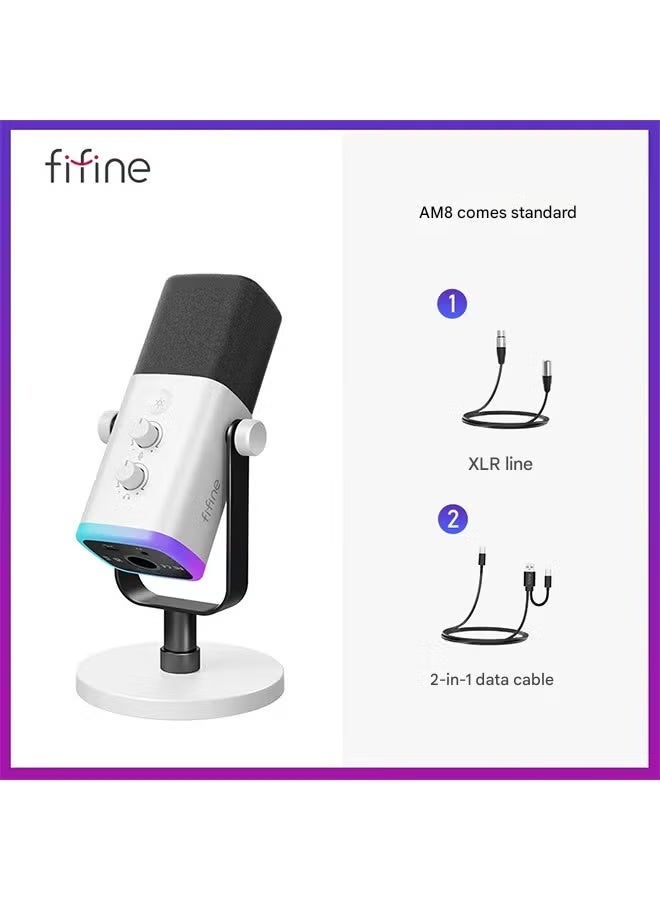 مايكروفون ديناميكي FIFINE بمنفذ USB/XLR مع تحكم RGB/منفذ سماعة رأس/مكتوم، مايكروفون لألعاب الكمبيوتر والتسجيل والبث المباشر AmpliGame-AM8