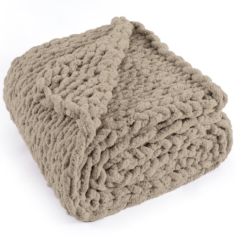 LONG CREATE Chunky Knit Throw Blanket 50X 60 100 Handmade with Soft Chenille Yarn 44lbs Thick Cable Knitted Blankets Large Rope Knot Crochet Throws for Couch Sofa Bed Home Decor Taupe