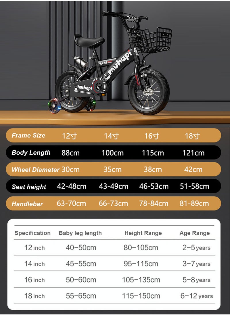 12-20 Inch Kids Bike High Carbon Steel Kids' Bike Children's Bicycle For 2-14 Years Old Girls And Boys With Flashing Training Wheels With Basket Adjustable Seat Water Bottle Can Be Placed at the Tail Sensitive Brakes Safe and Stable