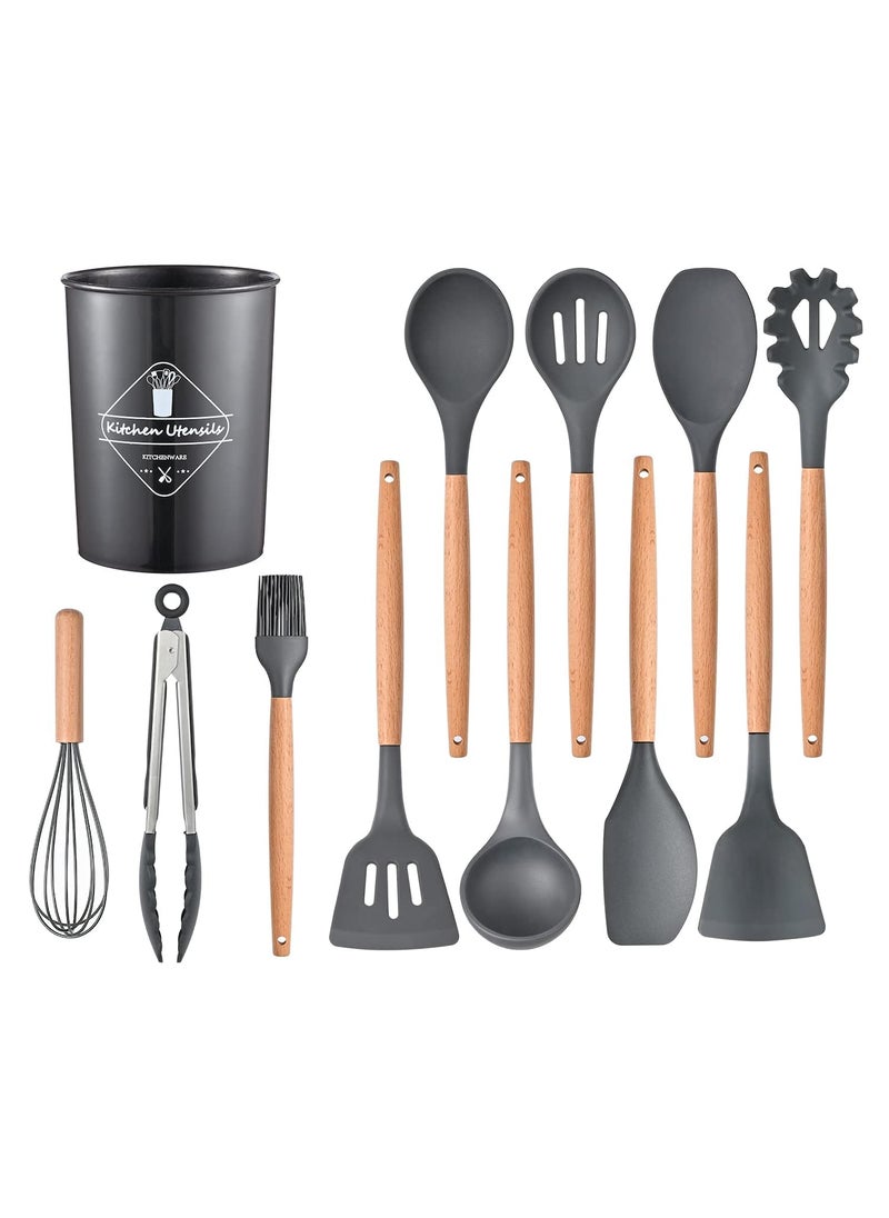 NESTIFY NESTIFY 12 Pcs Heat Resistant Silicone Spatula with Wooden Handle Kitchen Utensil for Cooking Baking Mixing Flexible Non Toxic Silicon Cookware Tools with Holder Kitchen Accessories Items  - Image 1