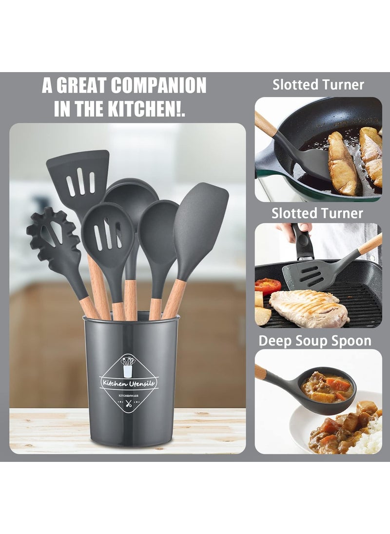 NESTIFY NESTIFY 12 Pcs Heat Resistant Silicone Spatula with Wooden Handle Kitchen Utensil for Cooking Baking Mixing Flexible Non Toxic Silicon Cookware Tools with Holder Kitchen Accessories Items  - Image 3