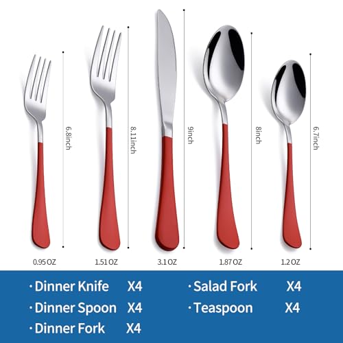 Onlycooker Red Silverware Set 20 Piece 18/0 Stainless Steel Flatware Red Handle Cutlery Set Service for 4 Fork Knife Spoon Set Mirror Finish Dishwasher Safe - Image 2