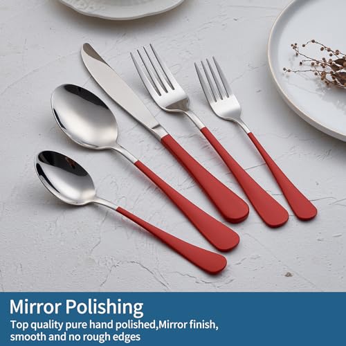 Onlycooker Red Silverware Set 20 Piece 18/0 Stainless Steel Flatware Red Handle Cutlery Set Service for 4 Fork Knife Spoon Set Mirror Finish Dishwasher Safe - Image 3