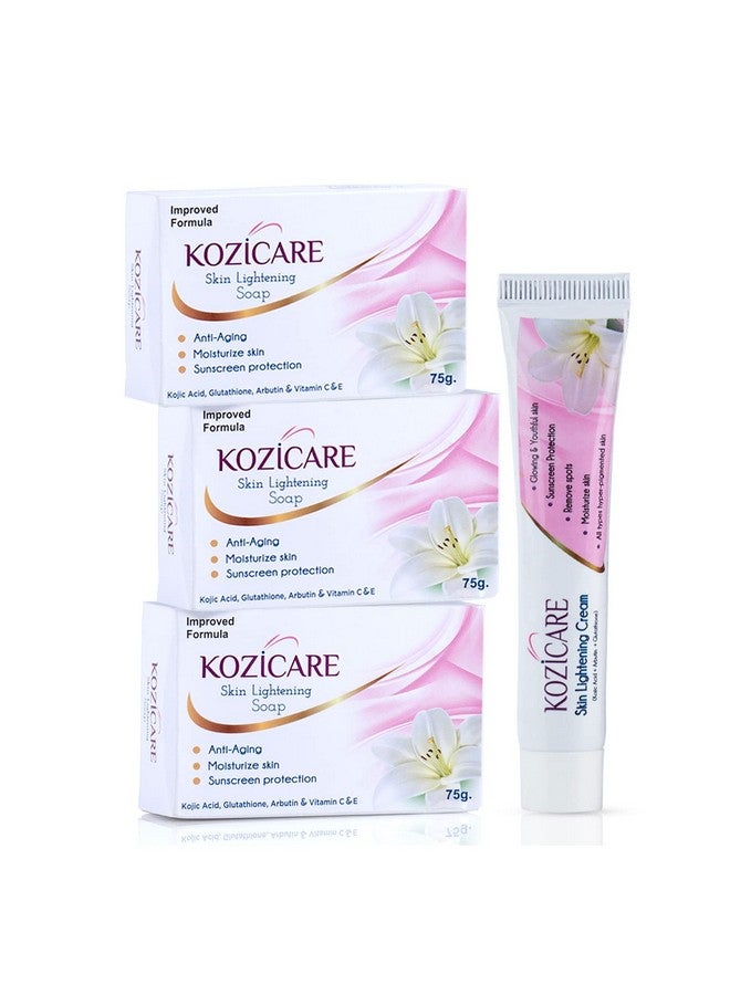 HealthVit طقم كوزيكير لتفتيح البشرة | 3 صابون + 1 عبوة كريم | لتفتيح وإشراق البشرة | يحتوي على فوائد حمض الكوجيك، أربوتين، جلو glutathione - Image 1