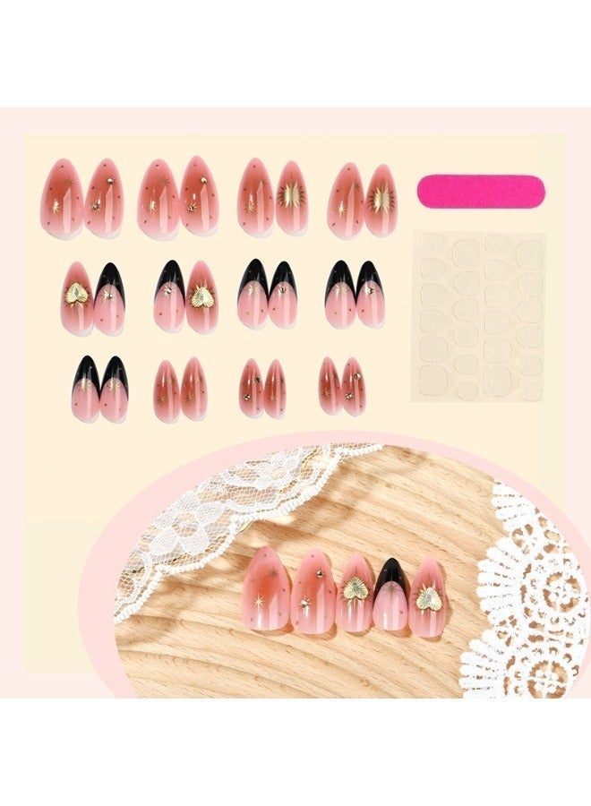 SenRan 24pcs Press on Nails Black Gold Gradient - Sunflower Design with Dazzling Star Rhinestones, Removable Acrylic Fake Nails for Seamless Fit - Image 3