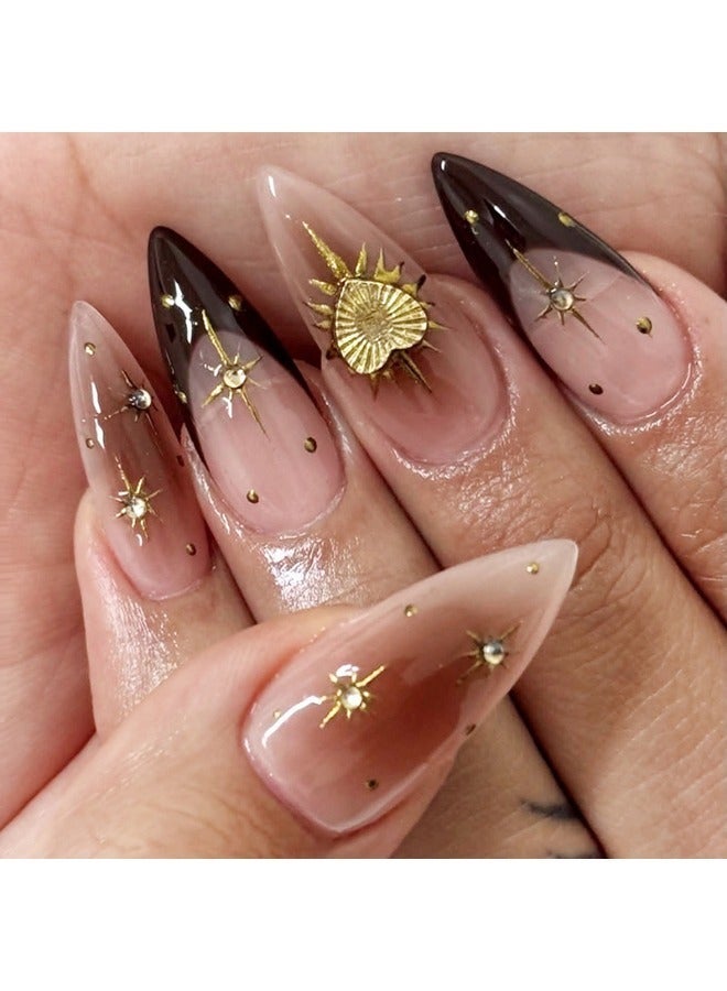 SenRan 24pcs Press on Nails Black Gold Gradient - Sunflower Design with Dazzling Star Rhinestones, Removable Acrylic Fake Nails for Seamless Fit - Image 1