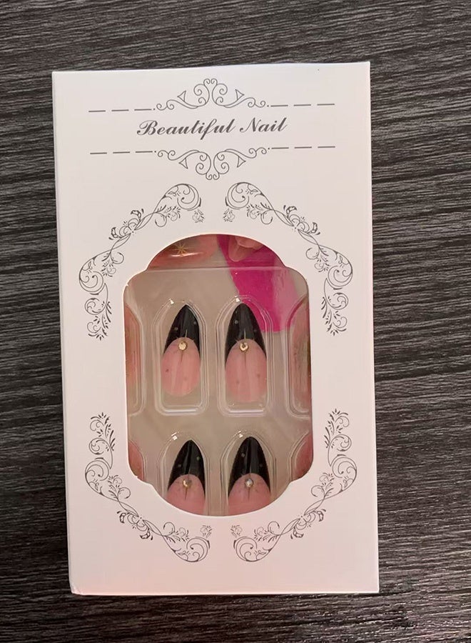 SenRan 24pcs Press on Nails Black Gold Gradient - Sunflower Design with Dazzling Star Rhinestones, Removable Acrylic Fake Nails for Seamless Fit - Image 5