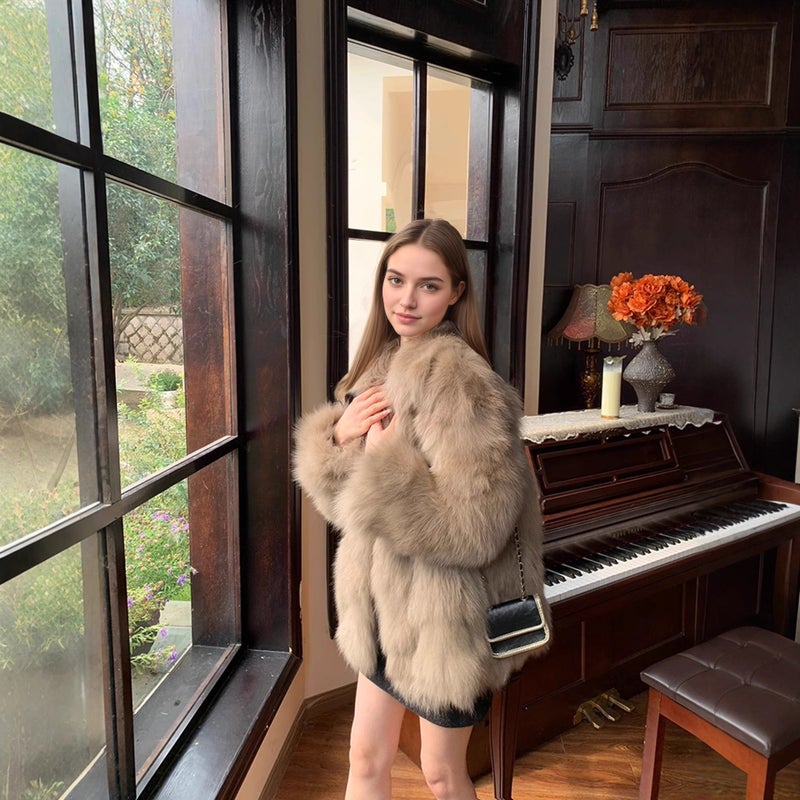 Women's Faux Fox Fur Coat, Winter Eco-Friendly Mid-Length Jacket - Image 2