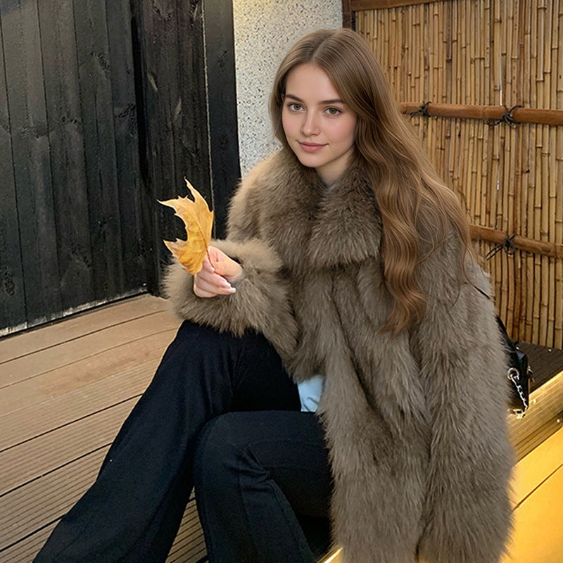 Women's Faux Fox Fur Coat, Winter Eco-Friendly Mid-Length Jacket - Image 4