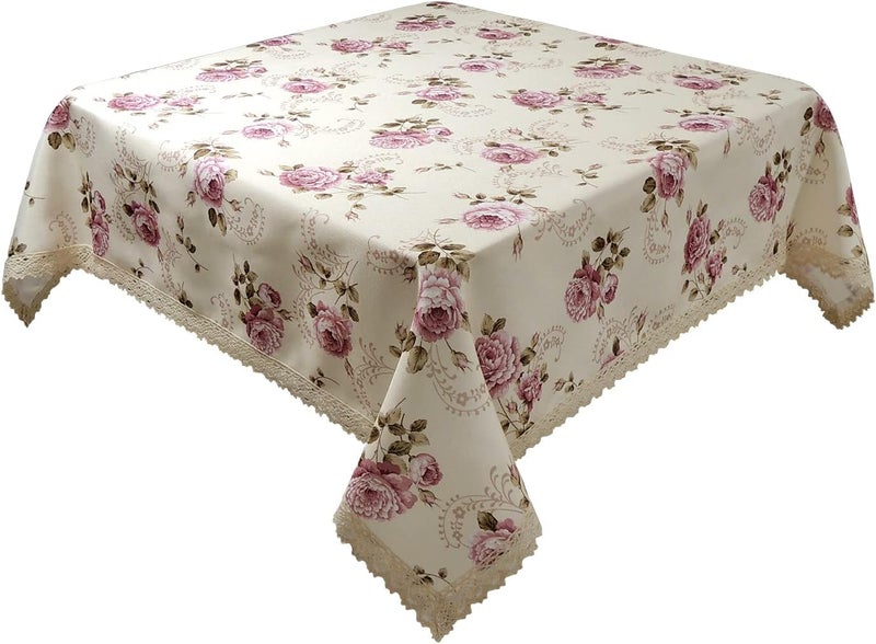 YEESSION Floral Print Polyester Square Tablecloth 38 x 38 Inch Stain Resistant and Waterproof Wine Tablecloth for Kitchen Dining Indoor Outdoor Buffet Tabletop Decoration (Beige) - Image 1