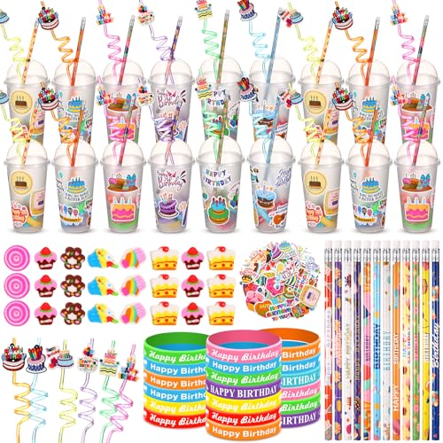 Baderke 24 Sets Birthday Gifts Party Favors Set Include Reusable Cups with Dome Lids Straw Decoration Pencil Heart Eraser Silicone Bracelet Stickers Birthday - Image 1