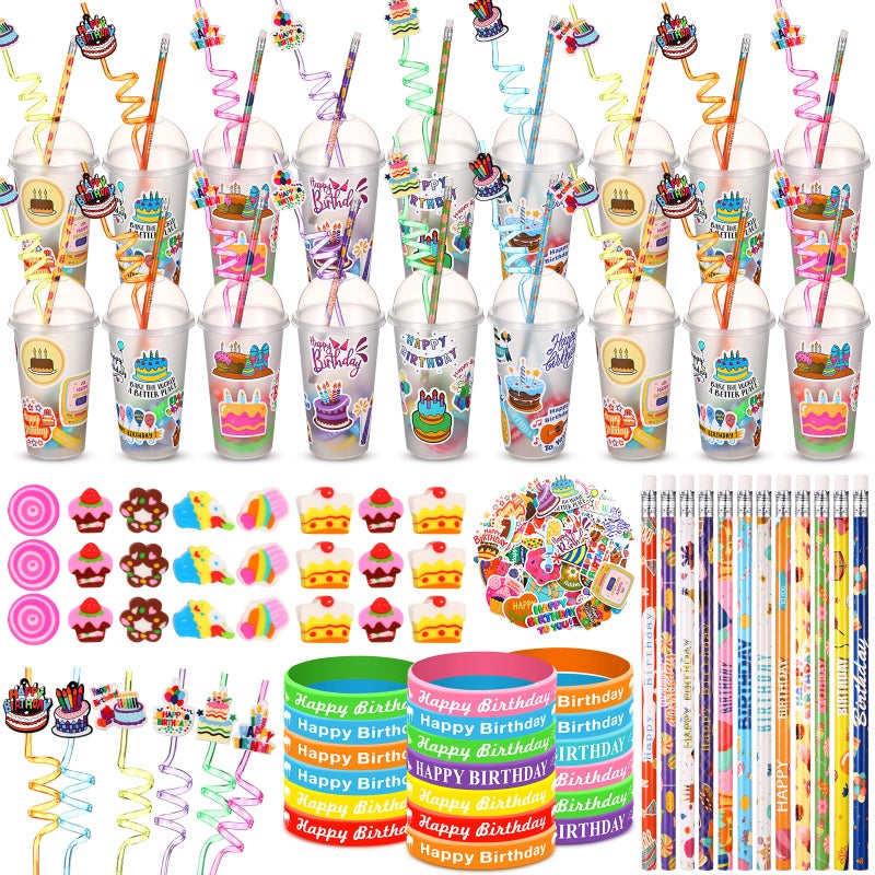 Baderke 24 Sets Birthday Gifts Party Favors Set Include Reusable Cups with Dome Lids Straw Decoration Pencil Heart Eraser Silicone Bracelet Stickers Birthday - Image 2