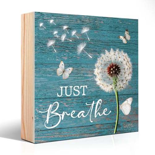 PUVOXHO Just Breathe Matters Wooden Sign Desk Decor, Funny Dandelion Wood Box Sign Décor for Home Office Farmhouse Bedroom, Yoga Spa Room Decor, Inspirational Gifts for Women Coworker Friend - Image 1