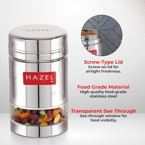 HAZEL Stainless Steel See Through Transparent Container | Kitchen Air Tight Storage Dabba Containers Set of 2, 600 ML - Image 3