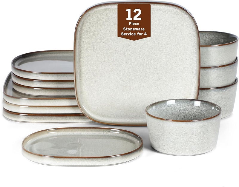 Stone Lain Cairo 12Piece Dinnerware Stoneware Plates and Bowls Microwave and Dishwasher Safe Includes Dinner and Salad Plates Cereal Bowls Dish Set for 4 Grey - Image 1