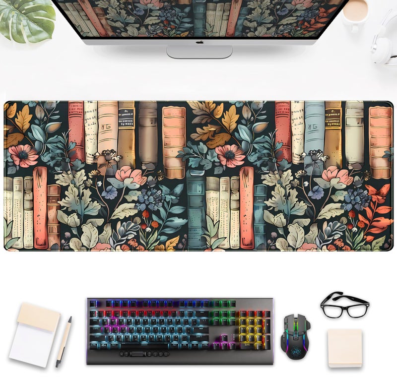 DSKGSJH Flowers Desk Pads Gaming Desk Mat Large Keyboard Mouse Pad XL, Book Elements Computer Desktop Mats, Extended Full Laptop Mouse Mat, Office & Home Decor for Women Desk Aesthetic 31.5" x 11.8" - Image 1