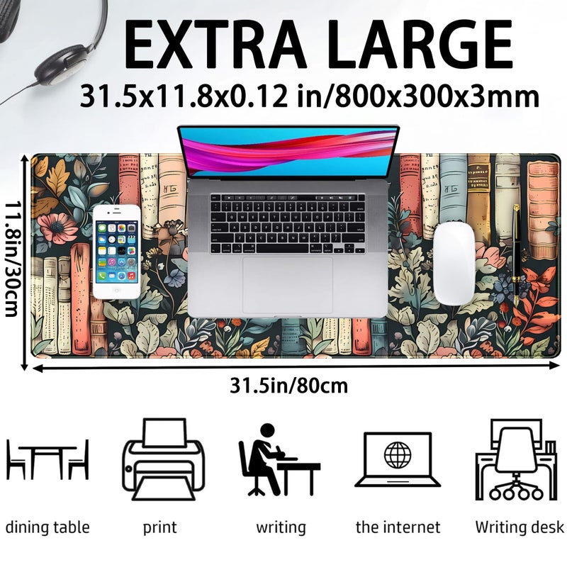 DSKGSJH Flowers Desk Pads Gaming Desk Mat Large Keyboard Mouse Pad XL, Book Elements Computer Desktop Mats, Extended Full Laptop Mouse Mat, Office & Home Decor for Women Desk Aesthetic 31.5" x 11.8" - Image 2