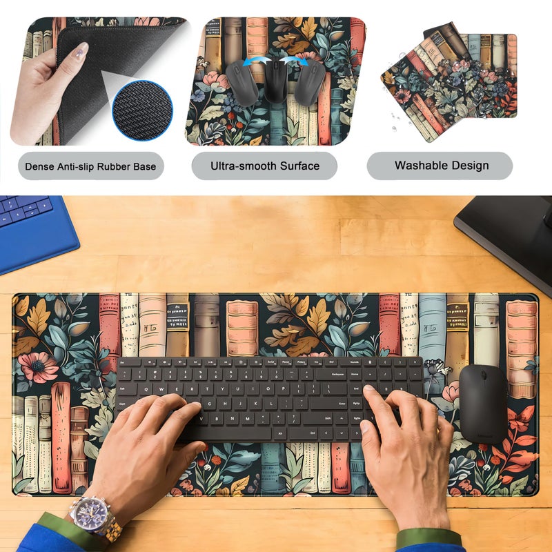 DSKGSJH Flowers Desk Pads Gaming Desk Mat Large Keyboard Mouse Pad XL, Book Elements Computer Desktop Mats, Extended Full Laptop Mouse Mat, Office & Home Decor for Women Desk Aesthetic 31.5" x 11.8" - Image 3
