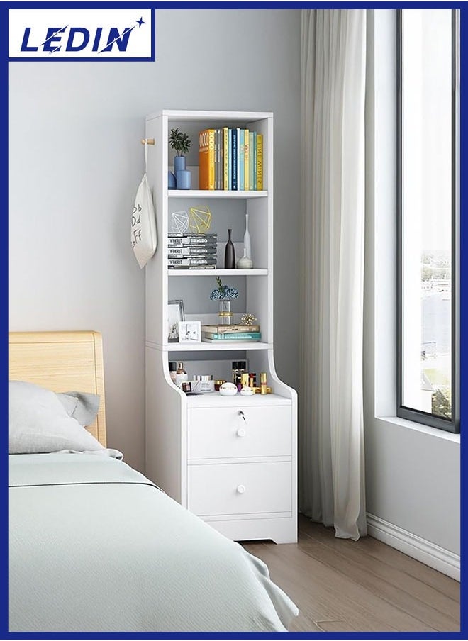 LEDIN - Tall bedside table shelf simple and luxurious Nordic style ins minimalist storage small bedside storage cabinet with two drawers 4 storage compartments - Image 1