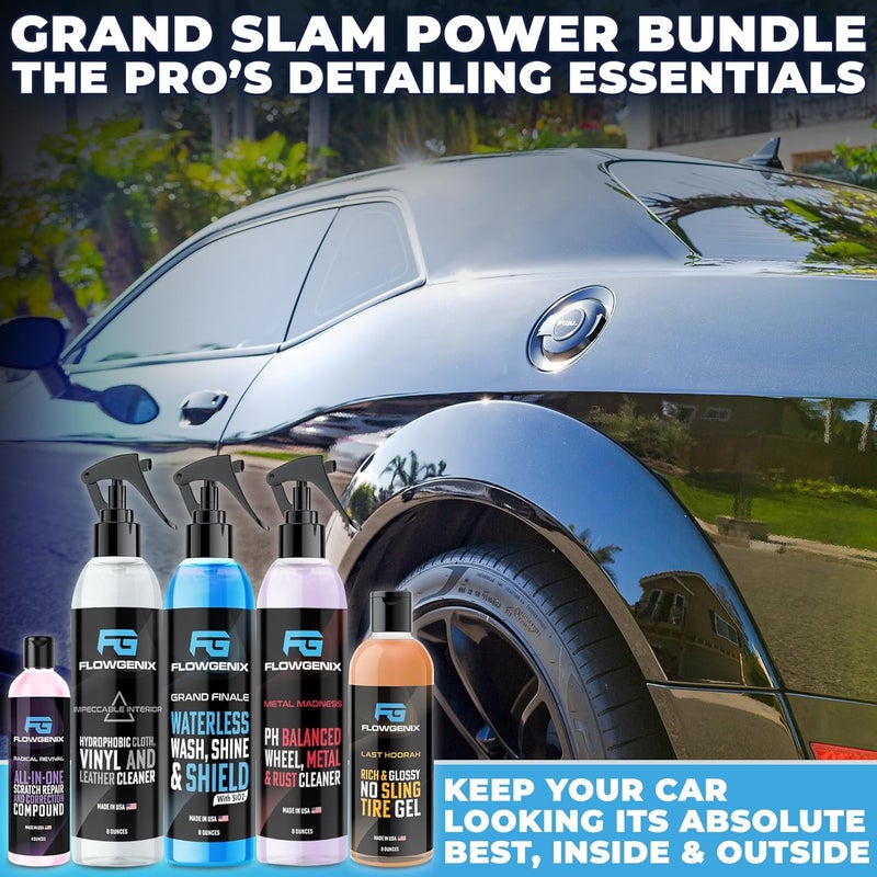 Flowgenix Grand Slam 5-Pack - Waterless Car Wash Detailing Spray, Tire Shine Gel, Scratch Remover, Wheel Metal Rust Cleaner, Interior Cleaner & Protector, 2 Microfiber Towels - Image 2